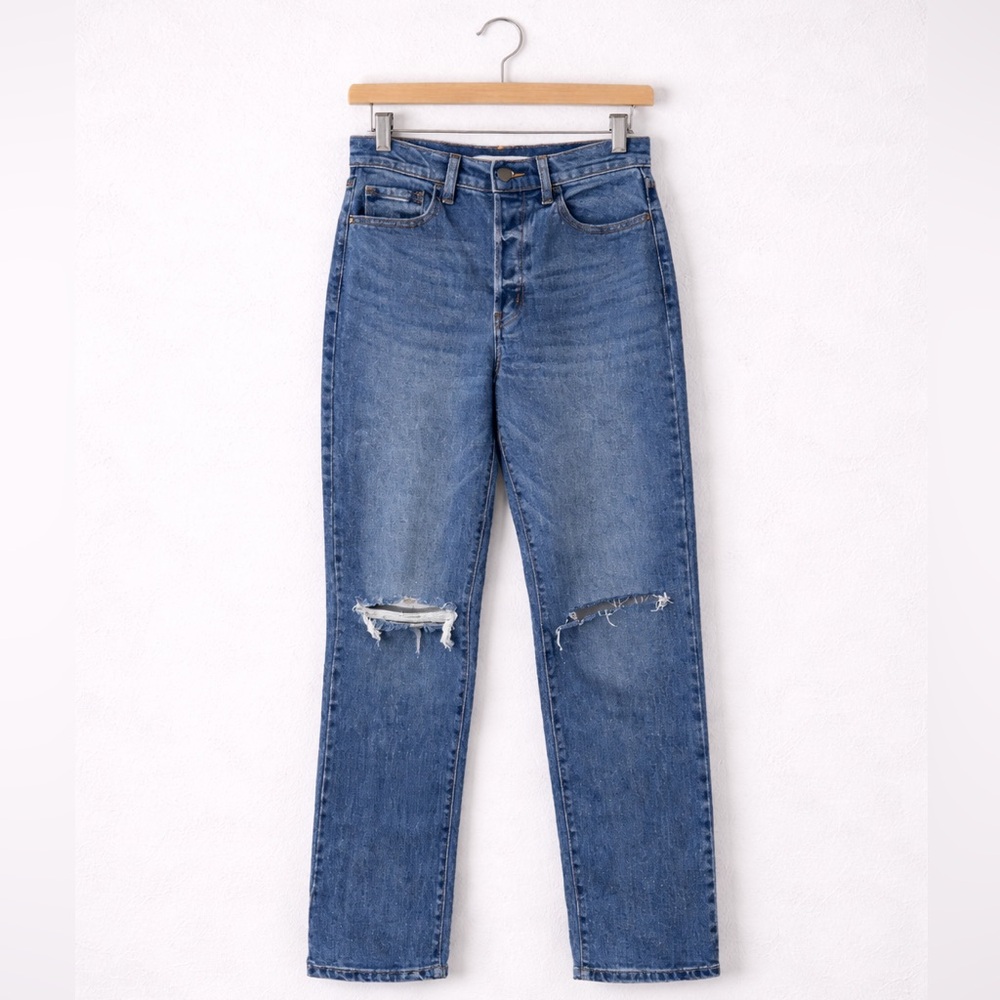 DISCLOSED High Rise Straight Leg Jeans 26 Distressed Knee Raw Hem